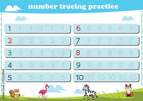 Writing practice for kindgarten kids. Number tracing worksheet with wildlife animals. Vector illustration