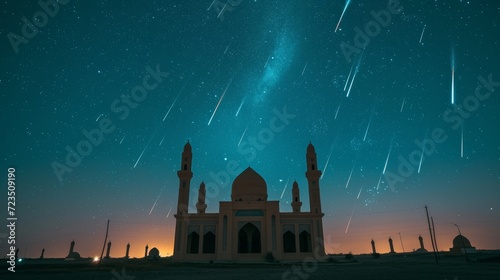 Image capturing a moment where a desert Islamic mosque is aligned with a cosmic meteor shower in the sky