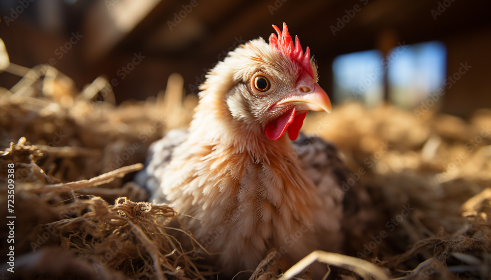 Young chicken in a farmyard, looking cute and growing generated by AI