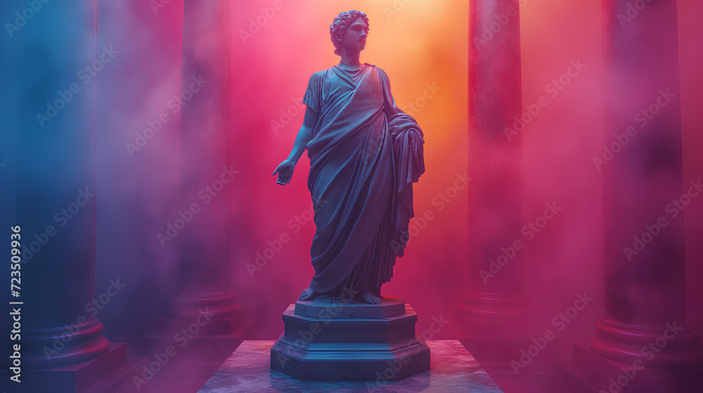 An ancient Greek statue stands in stark contrast against the futuristic