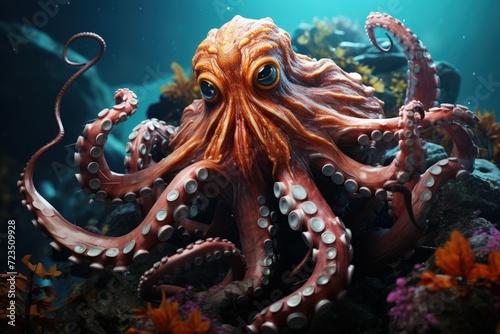 A mysterious octopus in the depths of the sea