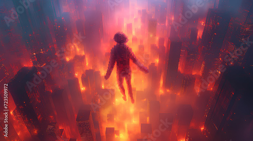 A digital human silhouette hovers above a futuristic city engulfed in flames and digital noise, creating a dystopian cyberworld scene. 