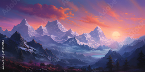 Beautiful natural landscape, The mountain glows at sunset, Highly Realistic Mountain Landscape, Fantasy landscape with mountains and clouds, Generative AI © Ali