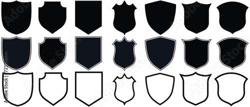 Shield icon set in vintage style. Protect shield security line icons. Badge quality symbol, sign, logo or emblem. Vector illustration
