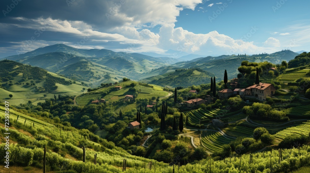 Fototapeta premium Scenic View of Vineyard in Hilly Landscape