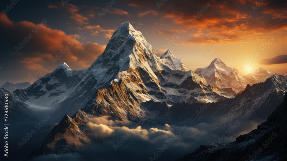 Majestic mountains against the background of a bright sunset. Winter snowy peaks.