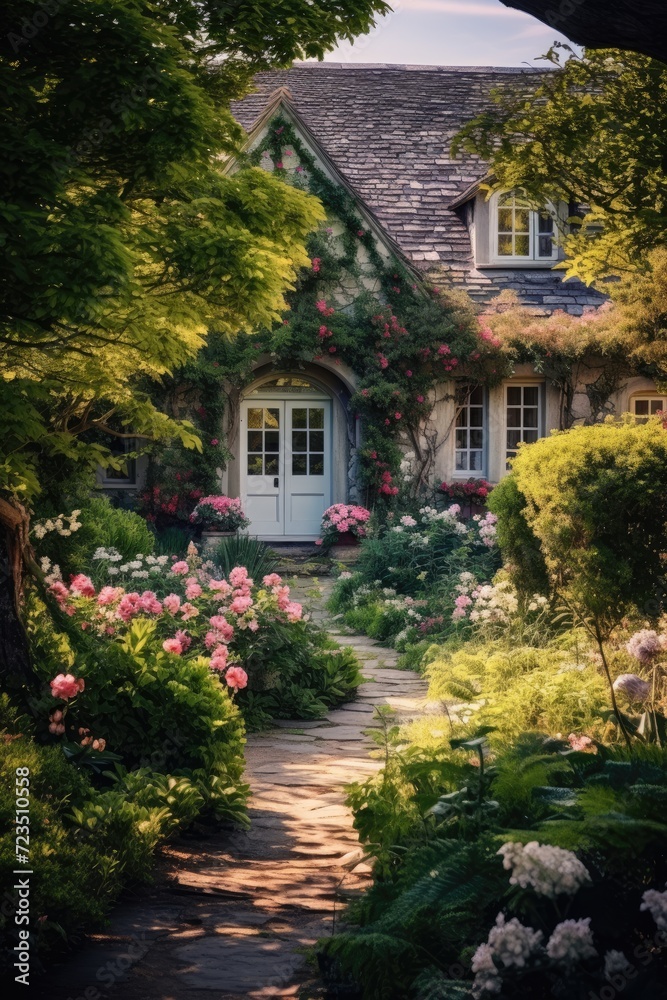 Beautiful old house stands amidst a lush garden with colorful flowers and tall trees. Beautiful old house stands amidst a lush garden with colorful flowers and tall trees.