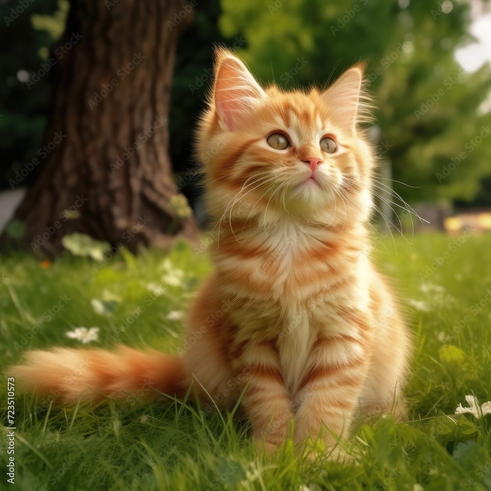 A small cute orange kitten sits on the green grass on a sunny day.