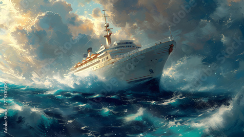 Turbulent Seas A Captivating Oil Painting Of A Struggling Cruise Ship, generative ai