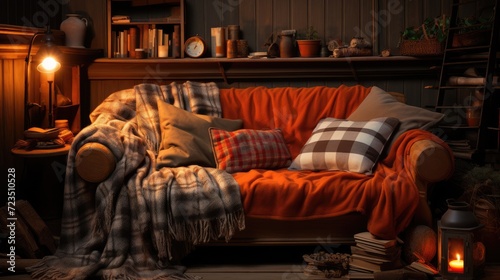A cozy living room with a sofa covered with a soft blanket. Comfortable and calm atmosphere.