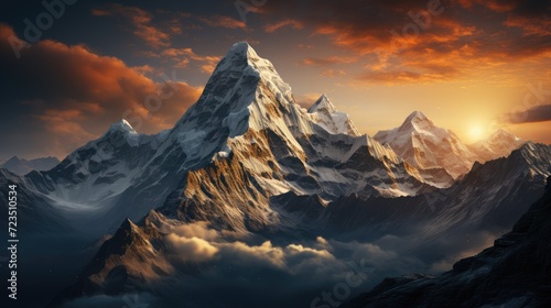 Majestic mountains against the background of a bright sunset. Winter snowy peaks. © Boomanoid