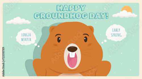 Happy Groundhog Day background, banner or card with lettering. Cute cartoony retro vector illustration. Cute marmot with shadow yelling prediction. Longer winter or early spring. 