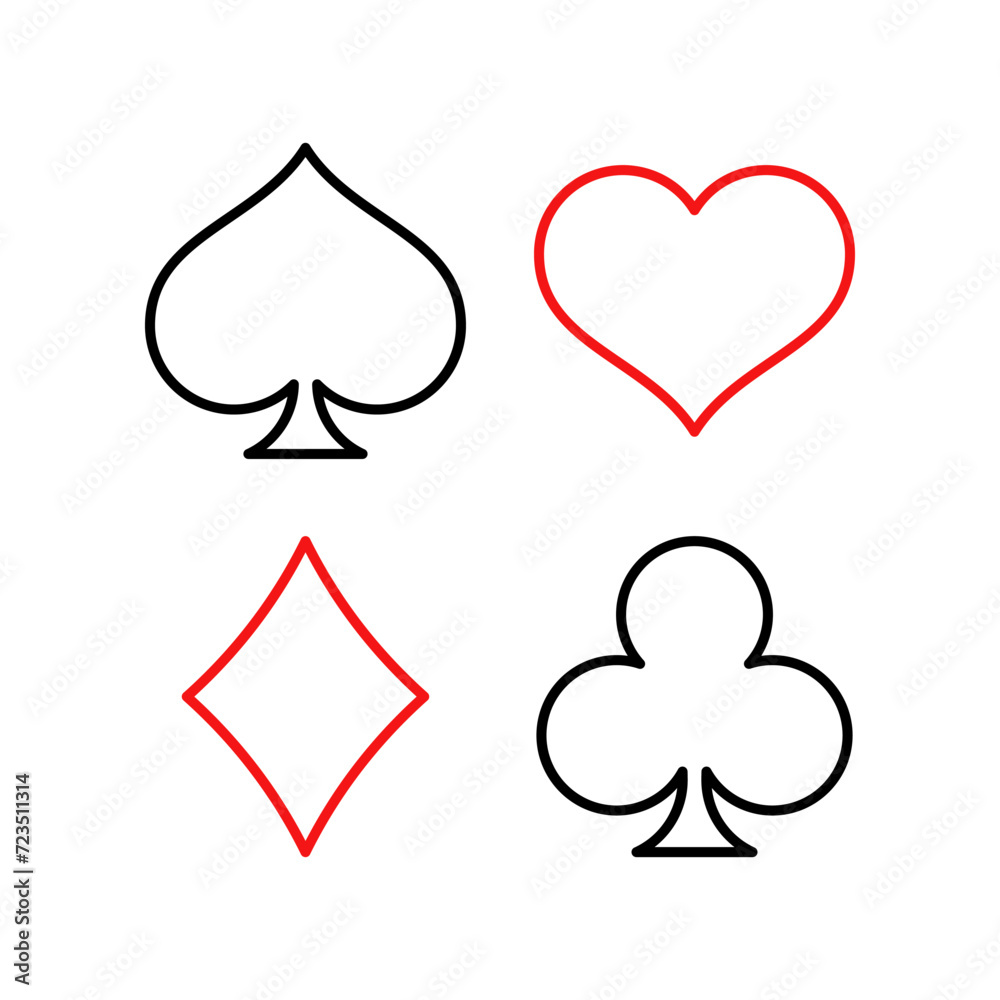 Playing card suits line icon set. Poker playing cards suits symbols