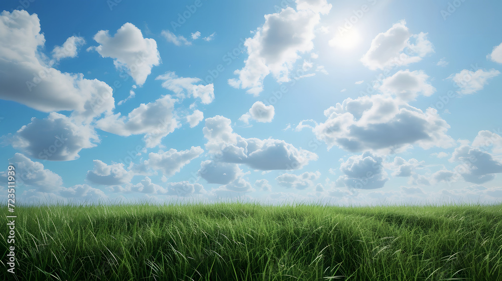 Obraz premium Illustration background, Beautiful grassy fields and summer blue sky with fluffy white clouds in the wind