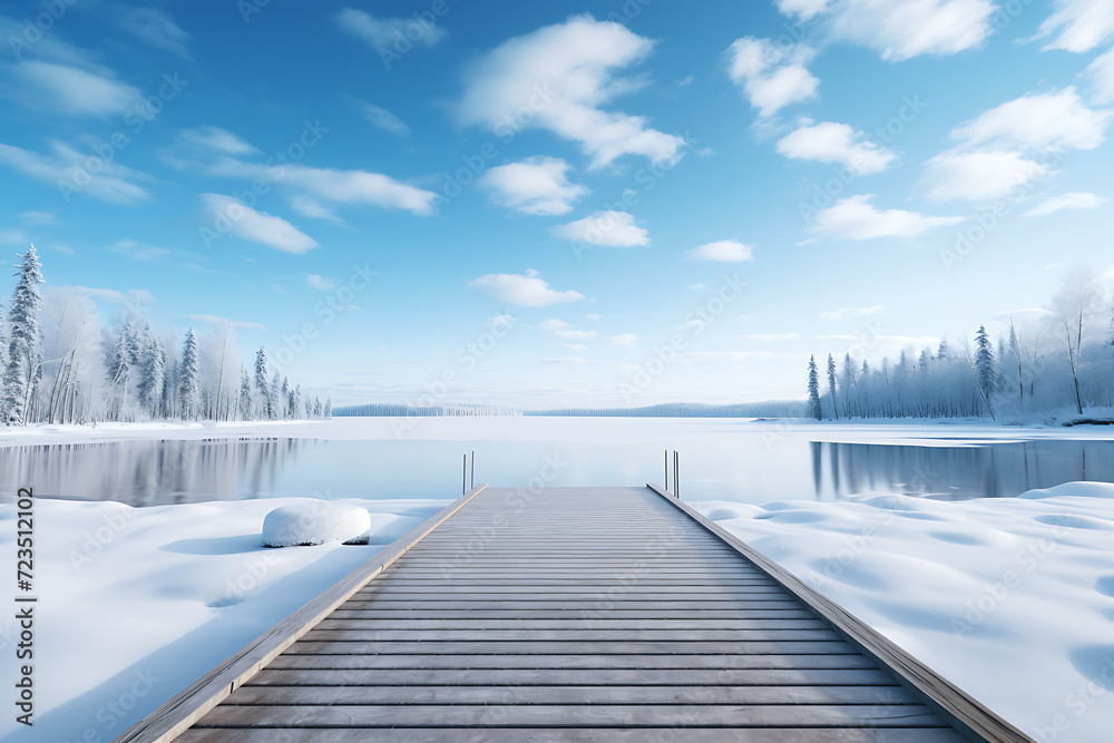 Winter landscape with wooden pier on lake and blue sky with clouds.