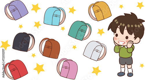 カラフルなランドセルにあこがれる子供のイラスト