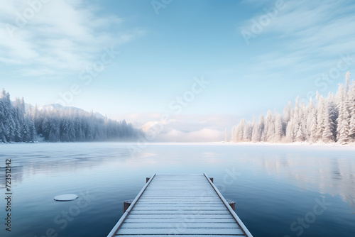 Winter landscape with wooden pier on lake and blue sky with clouds.