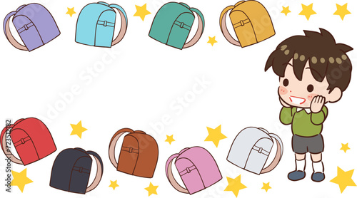 カラフルなランドセルにあこがれる子供のイラスト