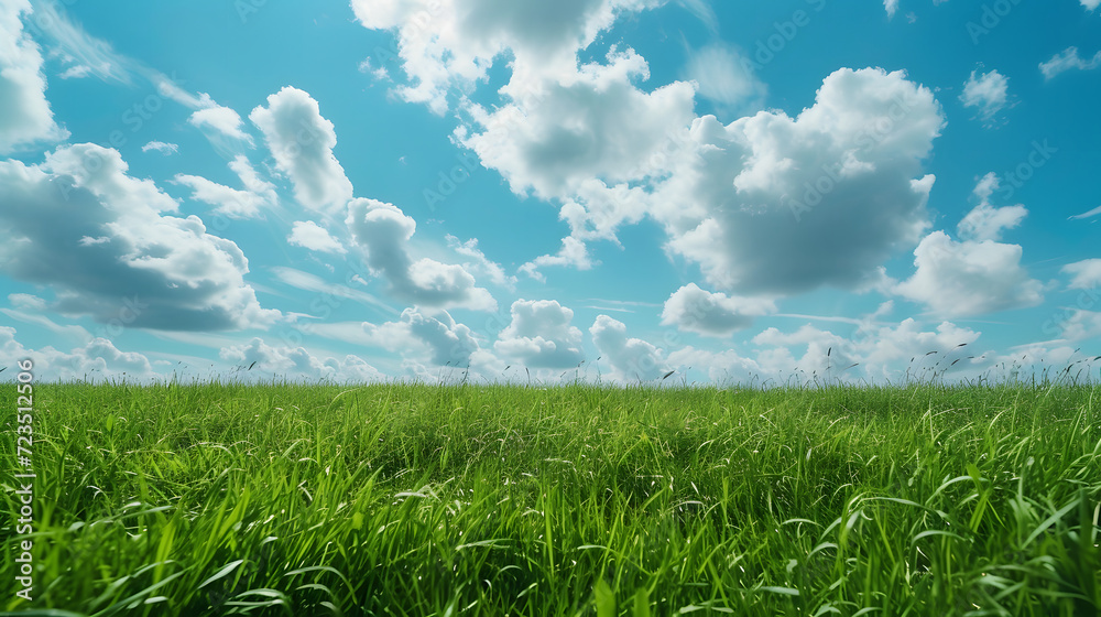 Obraz premium Illustration background, Beautiful grassy fields and summer blue sky with fluffy white clouds in the wind