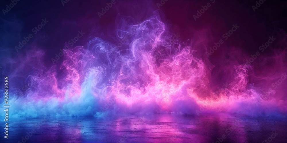 Rising smoke, inside of a dark space with a wet stone floor, featuring purple and pink hues of colorful smoke