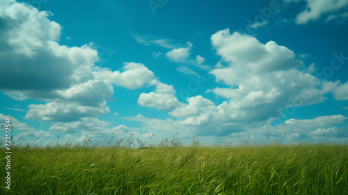 Illustration background, Beautiful grassy fields and summer blue sky with fluffy white clouds in the wind
