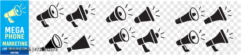 Megaphone Marketing Loudspeaker Volume Sound Advertising Announcement editable stroke linear icon collection vector illustration