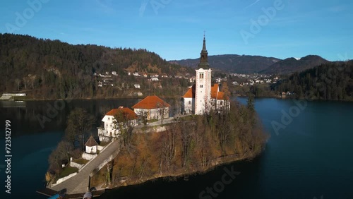 Close Up Aerial View of Church on Lake Bled Island. Slovenia's Beautiful Countryside photo