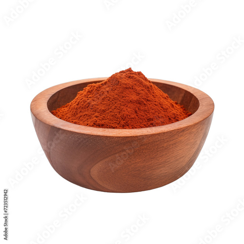 pile of finely dry organic fresh raw ancho chili powder in wooden bowl png isolated on white background. bright colored of herbal, spice or seasoning recipes clipping path. selective focus photo