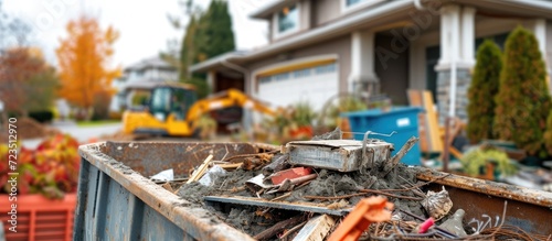 A skip filled with debris and construction materials from a home renovation in progress.