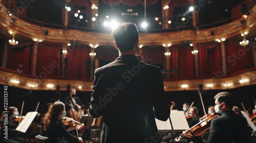 Back View of Professional Conductor Directing Symphony Orchestra with Performers Wearing Medical Masks, Playing Violins, Cello and Trumpet on Classic Theatre with Curtain Stage During Music