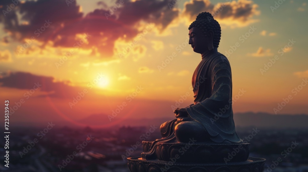 Buddha statue, silhouette of buddha and sunset background