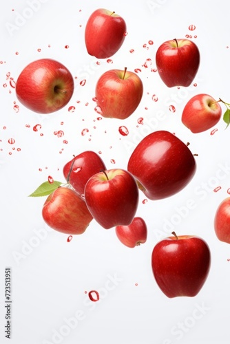 red apples in the air. falling fruits and a splash of juice or liquid. white background.