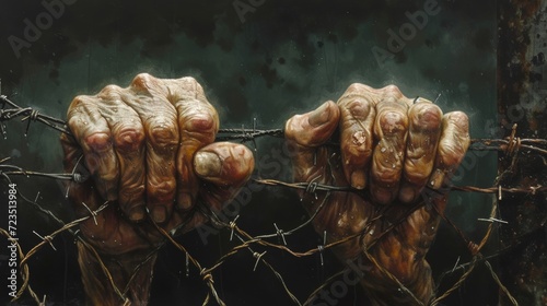 Clenched hands on barbed wire, a powerful symbol of the strife and resistance in migration.