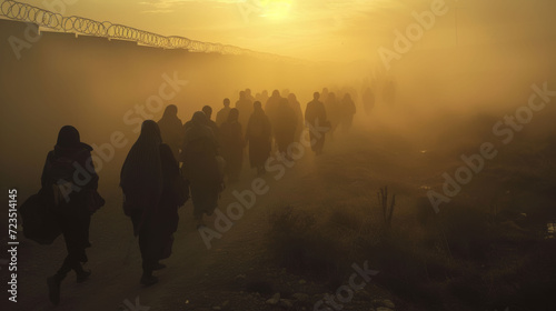 Migrants enshrouded in dust walk along the border fence, their figures blurred in the harsh light of dawn. photo