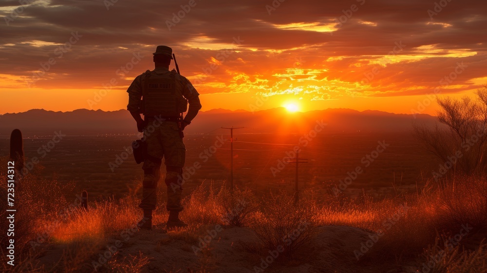 The silhouette of a border patrol agent stands out against the warm hues of a desert sunset.