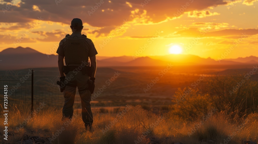  A border patrol officer stands overlooking the vast terrain at sunset, a poignant moment of calm.