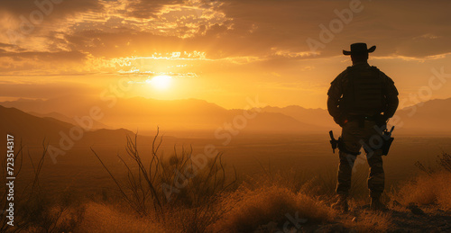 Silhouette of an armed border patrol officer against a dramatic sunset in a desert landscape.
