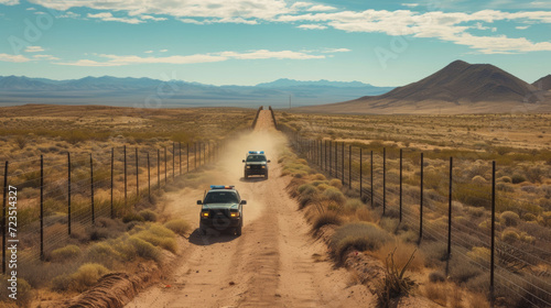  Border patrol cars drive along a desert road next to a tall security fence under a clear sky. photo