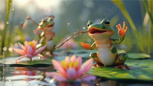 A frog playing a tet made out of a reed while his lily pad bandmates spontaneously breakdancing around him. photo