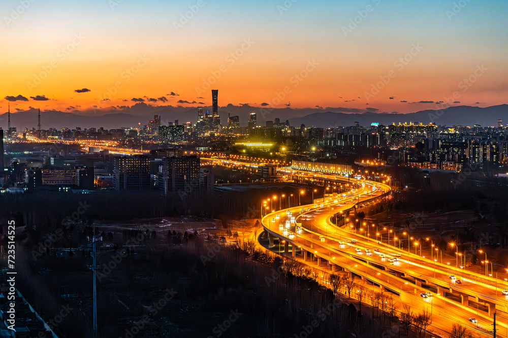 Beijing city panorama night scene city center prosperous economy