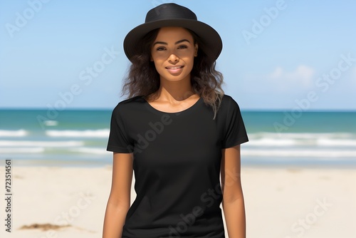 Girl on the beach wearing a black T shirt and a hat. T-shirt mockup.