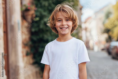 Mockup. Smiling boy in blank white tshirt in the street outdoors. Mock up template for t-shirt design print photo