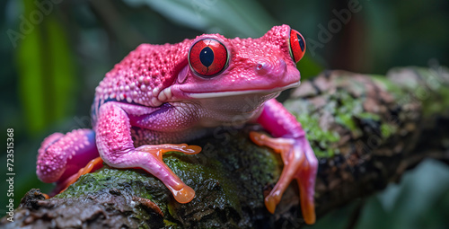 a pink frog with vivid red eyes. Frog perched on a branch in a moist forest. Generative Ai.