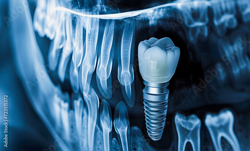 dental implant placement. An X-ray image displaying a dental implant anchored in the jawbone. Concept of dental implant placement and oral health. Generative Ai.