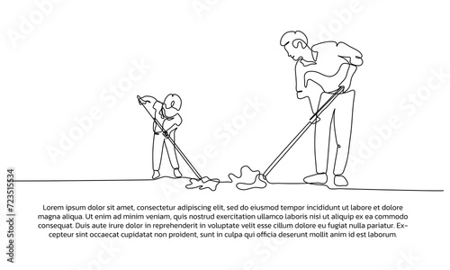 Continuous line design of son and father together cleaning the floor. Single line decorative elements drawn on a white background.