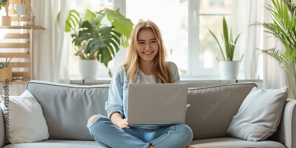 Office at home girl at laptop. Young woman, using laptop remote working at home office looking at computer communicating by video call.He is sitting on the sofa against a background of plants. Office at home girl at laptop. Young woman, using laptop remote working at home office looking at computer communicating by video call.He is sitting on the sofa against a background of plants.
