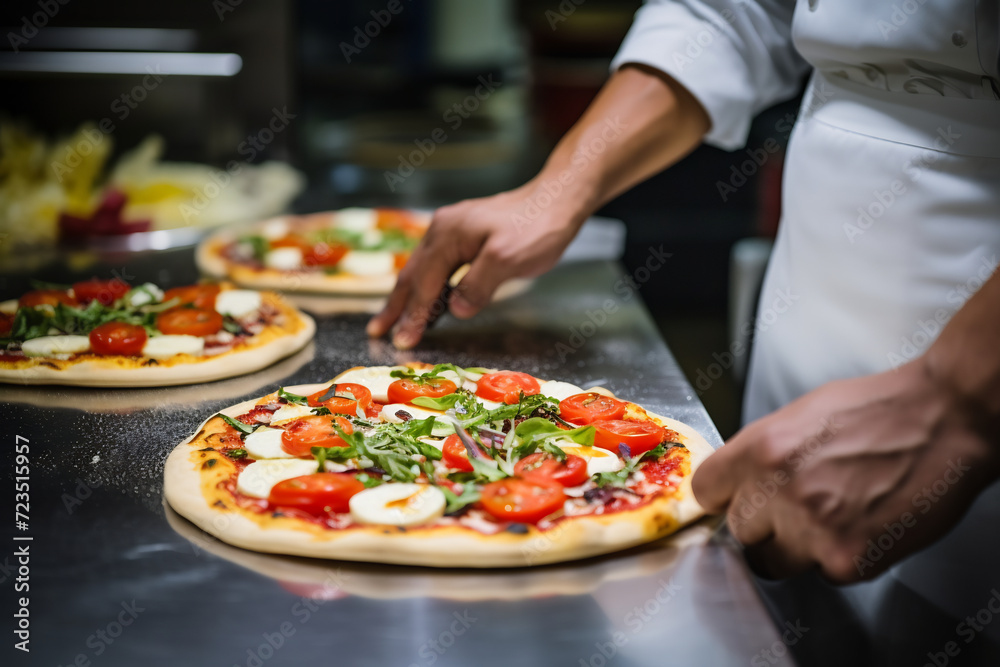 Hand Finishing Gourmet Pizza with Fresh Arugula, Tomatoes, and Olives. Culinary Art in Food Preparation