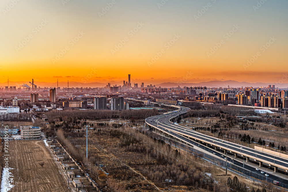 City traffic flow Beijing expressway at dusk