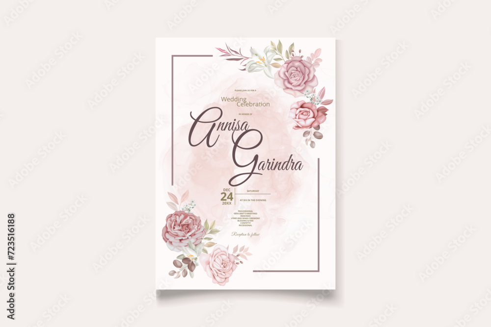wedding invitation template set with dusty brown floral frame watercolor background Premium Vector