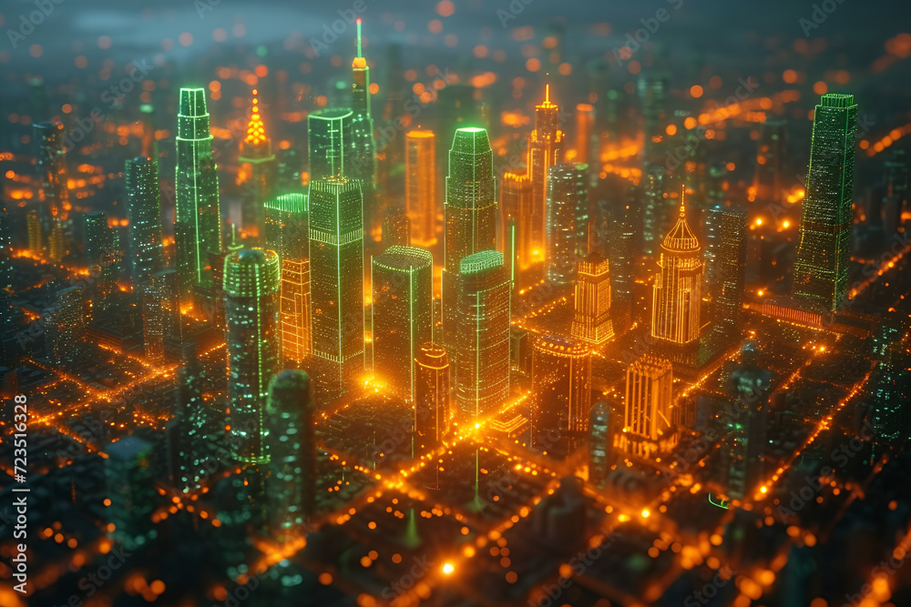 Vibrant neon wireframe cityscape isolated on black background Created with generative AI.